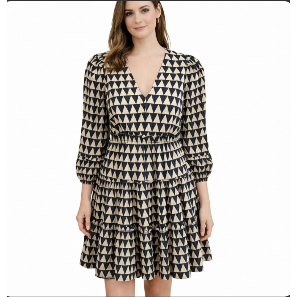 Cleobella Tre Mini Dress Small Black Tan Geometric Tiered Babydoll Mini V-Neck